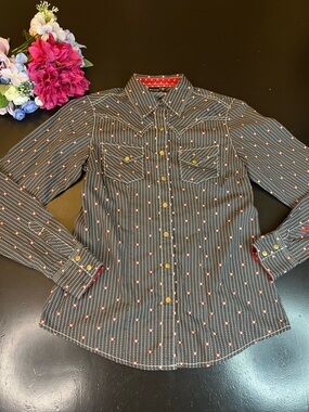 Cruel Blue Red Polka Dot Stripe Western Snap Button Up Shirt Sz S Rodeo Punchy